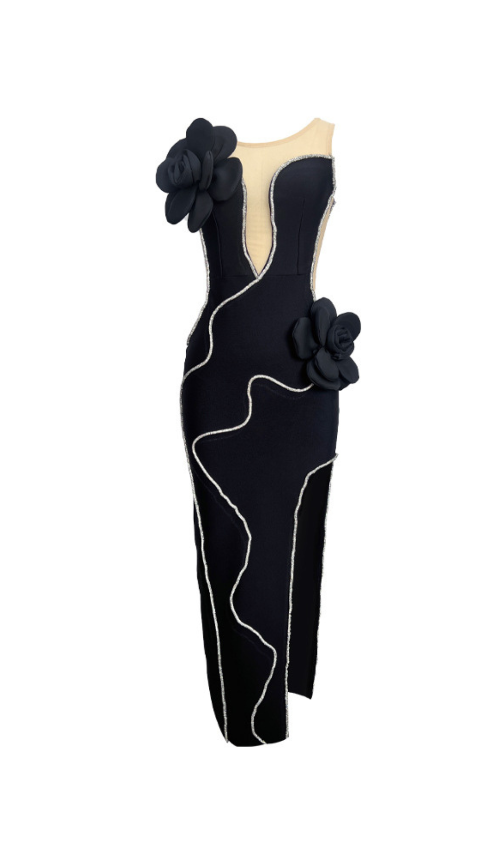 CAMILLE SLEEVELESS FLOWER BANDAGE MIDI DRESS IN BLACK