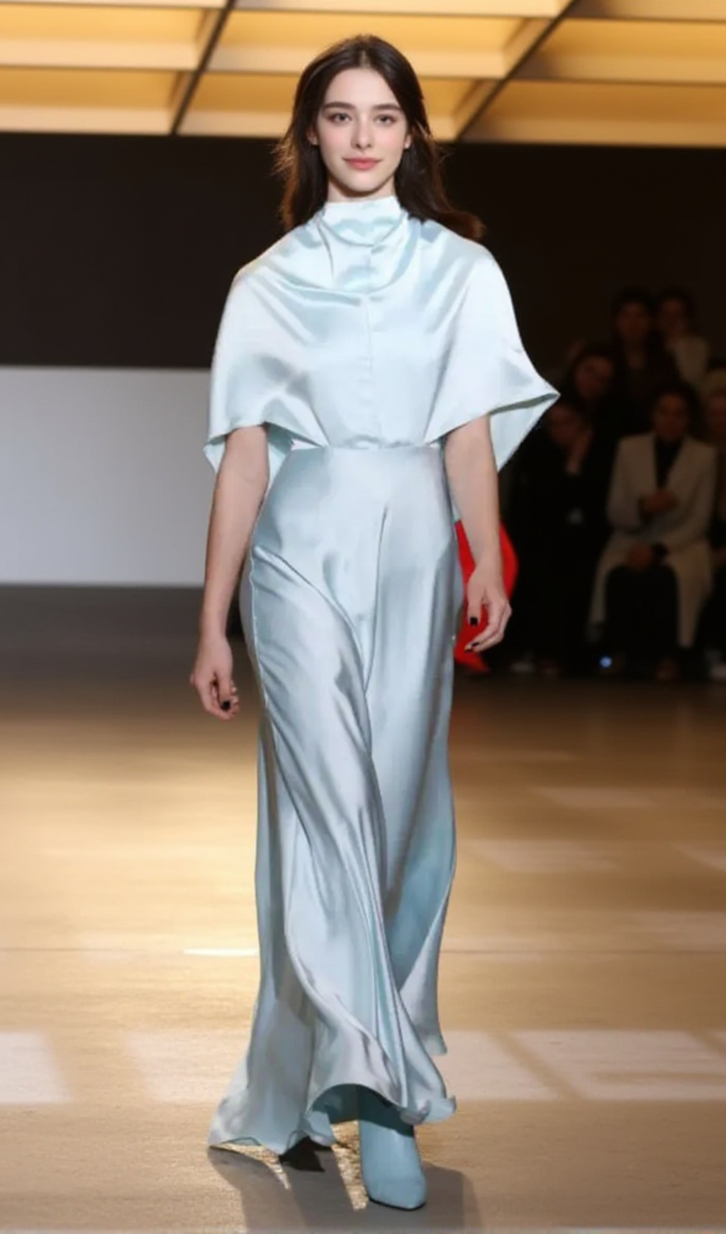 GLOSSY SILK TWILL SATIN CAPE MAXI DRESS IN PALE BLUE