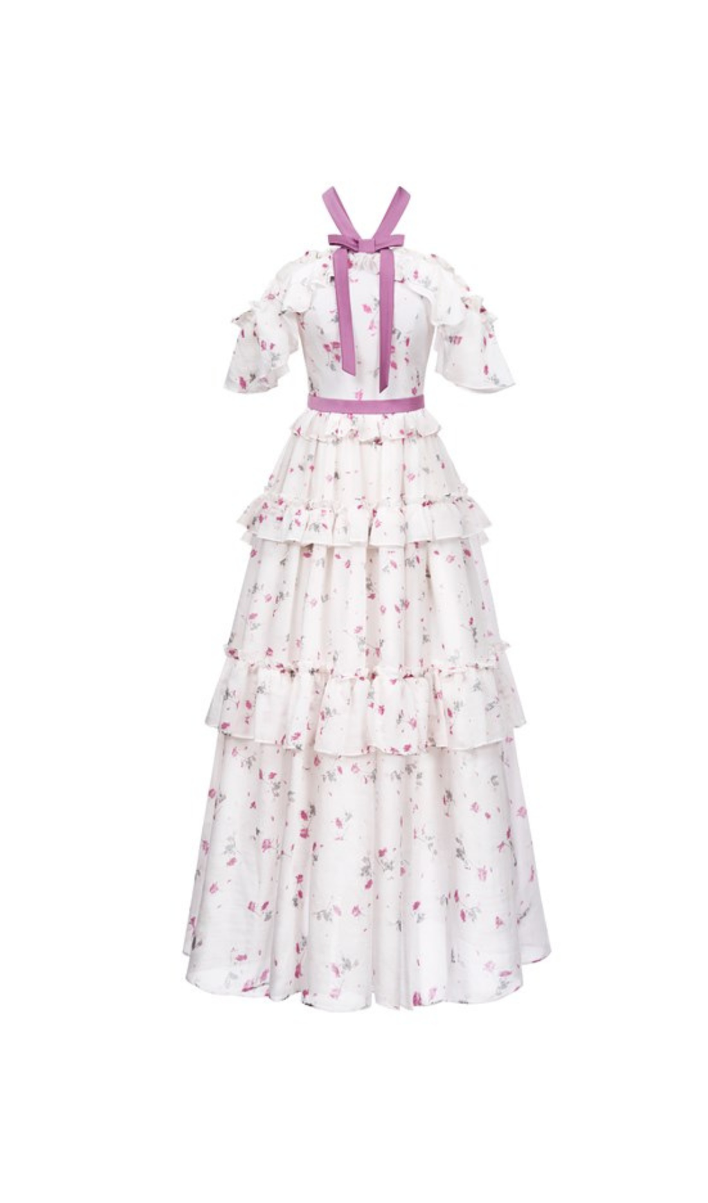 FLORAL PRINT BOW COLLAR RUFFLE FLARED MAXI DRESS