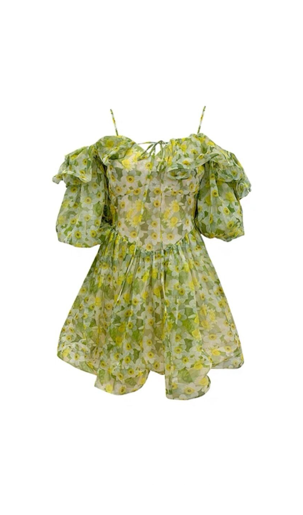 ANNA PRINTED RUFFLE TRIM MINI DRESS IN GREEN