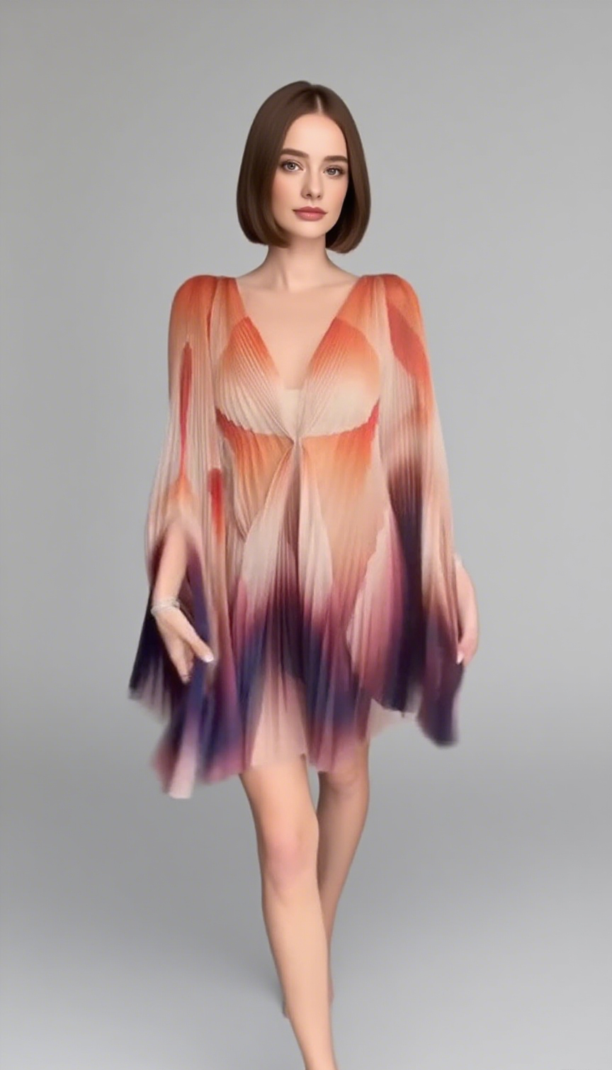 GRADIENT PLUNGE NECK TIE FRONT FLOW DRESS IN ORANGE PURPLE