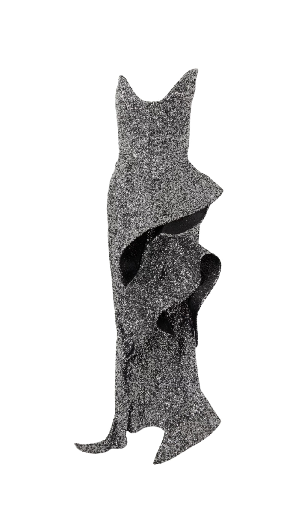 ASYMMETRIC RUFFLED SEQUINED CREPE GOWN IN SILVER