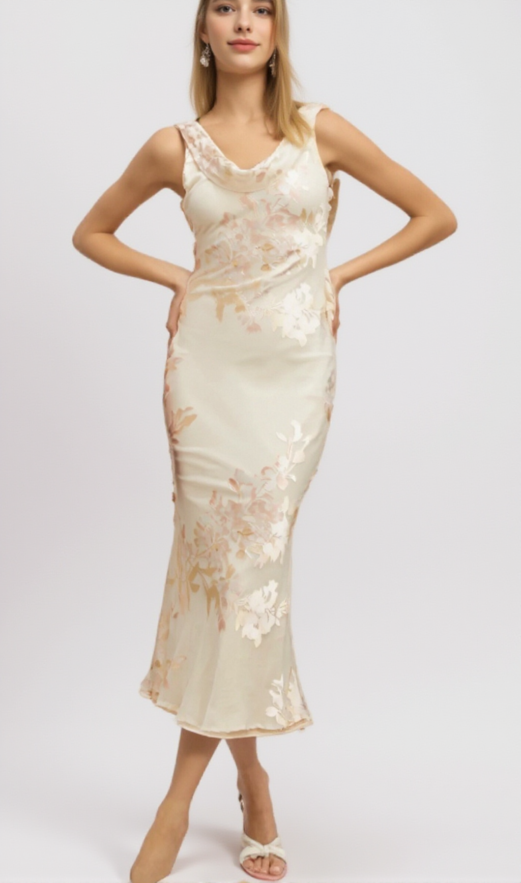 Yolanda beiges Midikleid aus geblümtem Jacquard