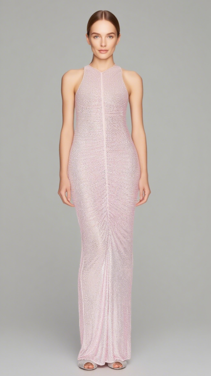 HOLLOW MESH RHINESTONE SLEEVELESS MAXI DRESS IN PINK