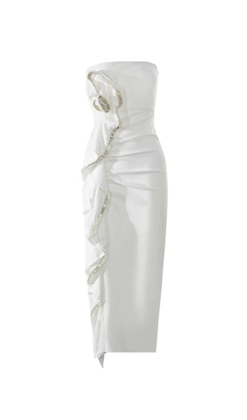 YVONNE WEISSES TRÄGERLOSES MIDIKLEID MIT BLUMEN UND STRASS