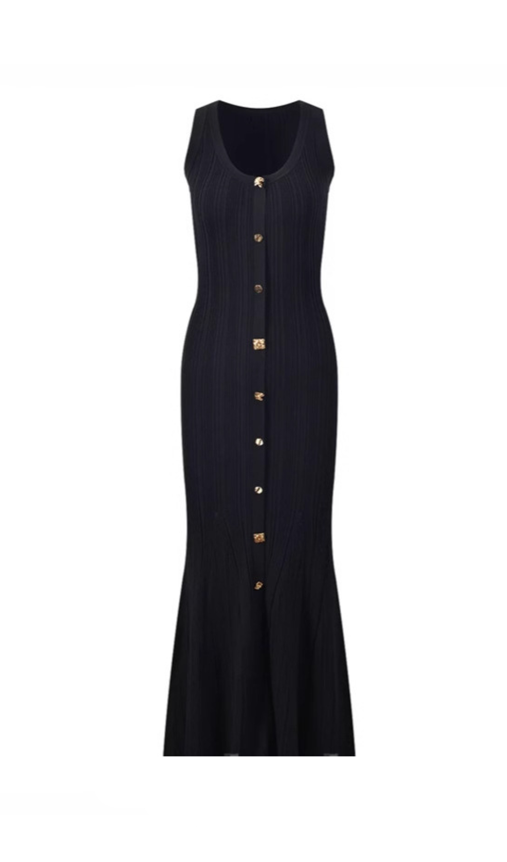 ABITO MIDI IN MAGLIA A COSTINE CON BOTTONI DECORATI IN NERO