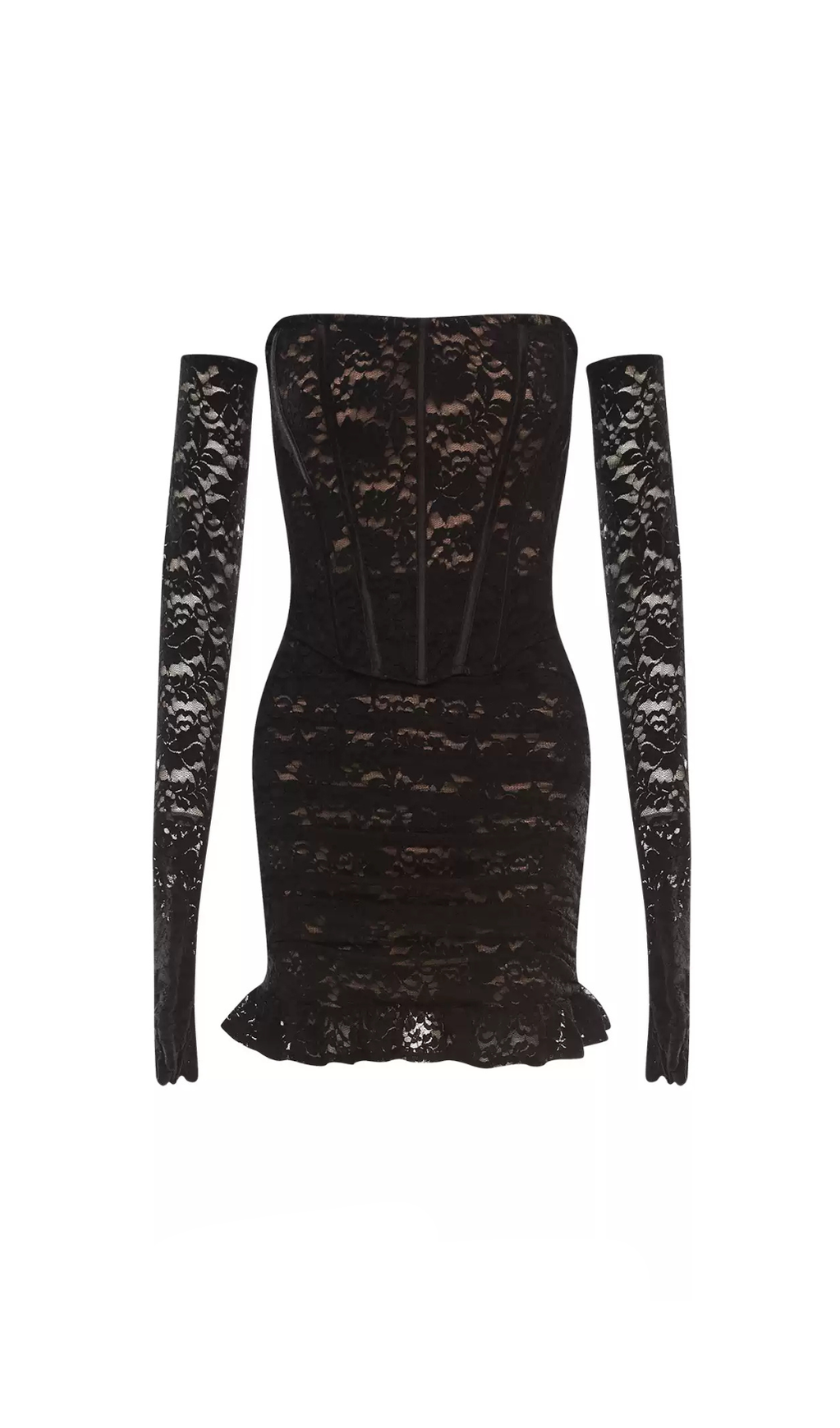 FISHBONE EMBELLISHED LACE RUFFLE MINI DRESS IN BLACK
