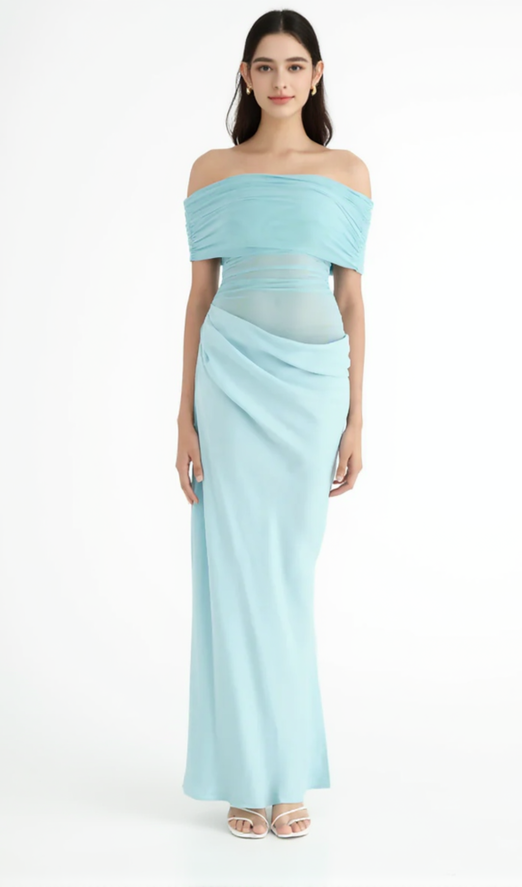 ABITO LUNGO IN RETE CON SPALLE SCOPERTE E RUCHES BLU