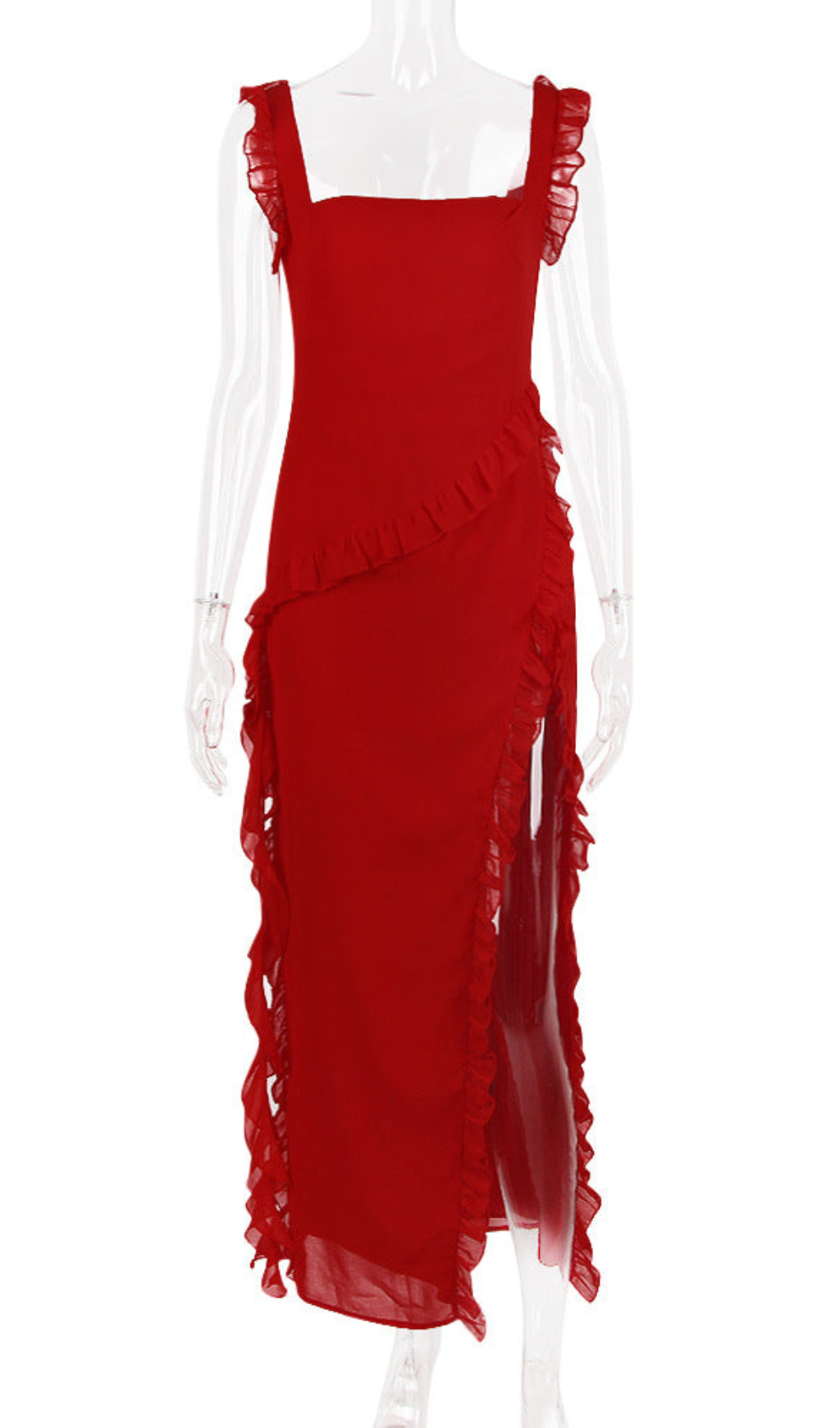 MAXIKLEID MIT RÜSCHEN IN KIRSCHE