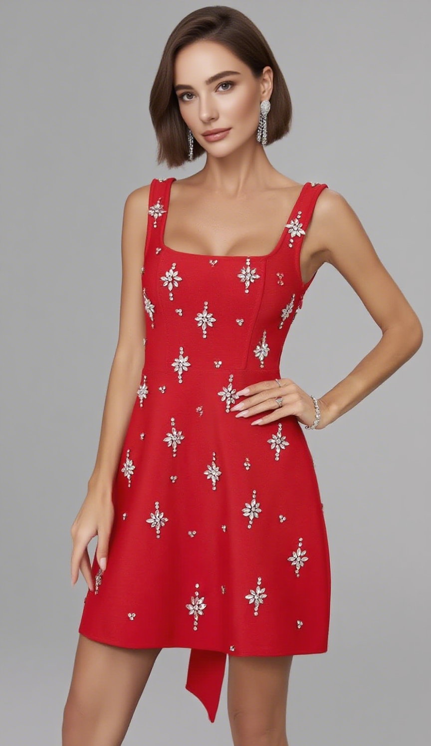 Rotes Minikleid mit quadratischem Ausschnitt und Strassverzierung