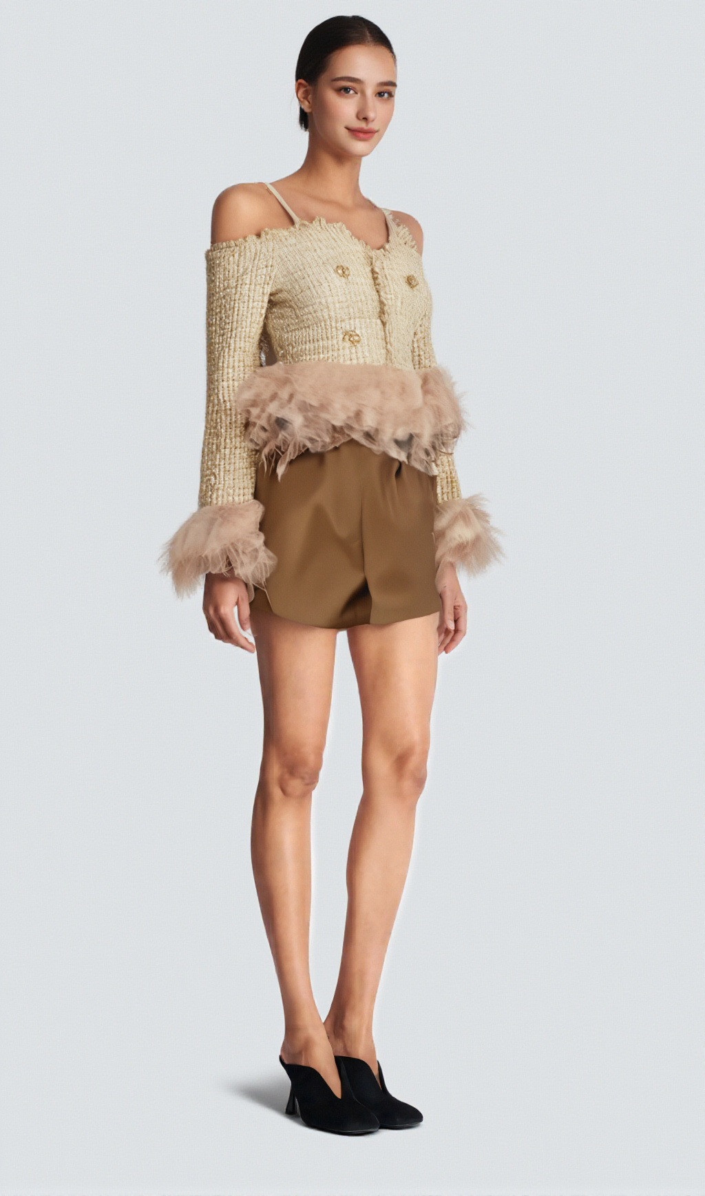 Laetiecia schulterfreies Tweed-Top mit Federbesatz