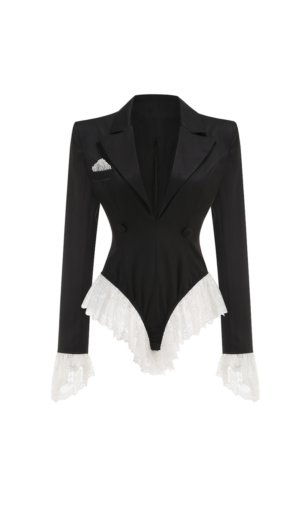 Jumpsuit-Blazer mit V-Ausschnitt und Spitzenverzierung in Schwarz