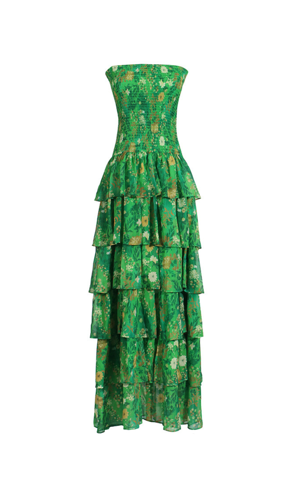 TRÄGERLOSES, MEHRLAGIGES BANDEAU-MAXIKLEID MIT BLUMENPRINT IN GRÜN