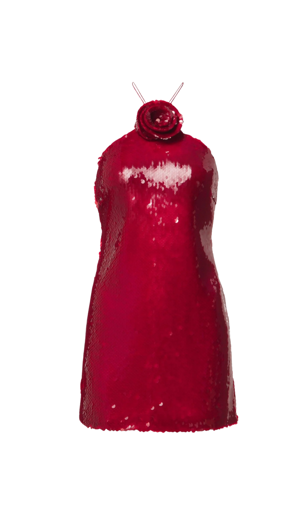 CINWA FLORAL APPLIQUÉ HALTER SEQUIN MINI DRESS IN RED