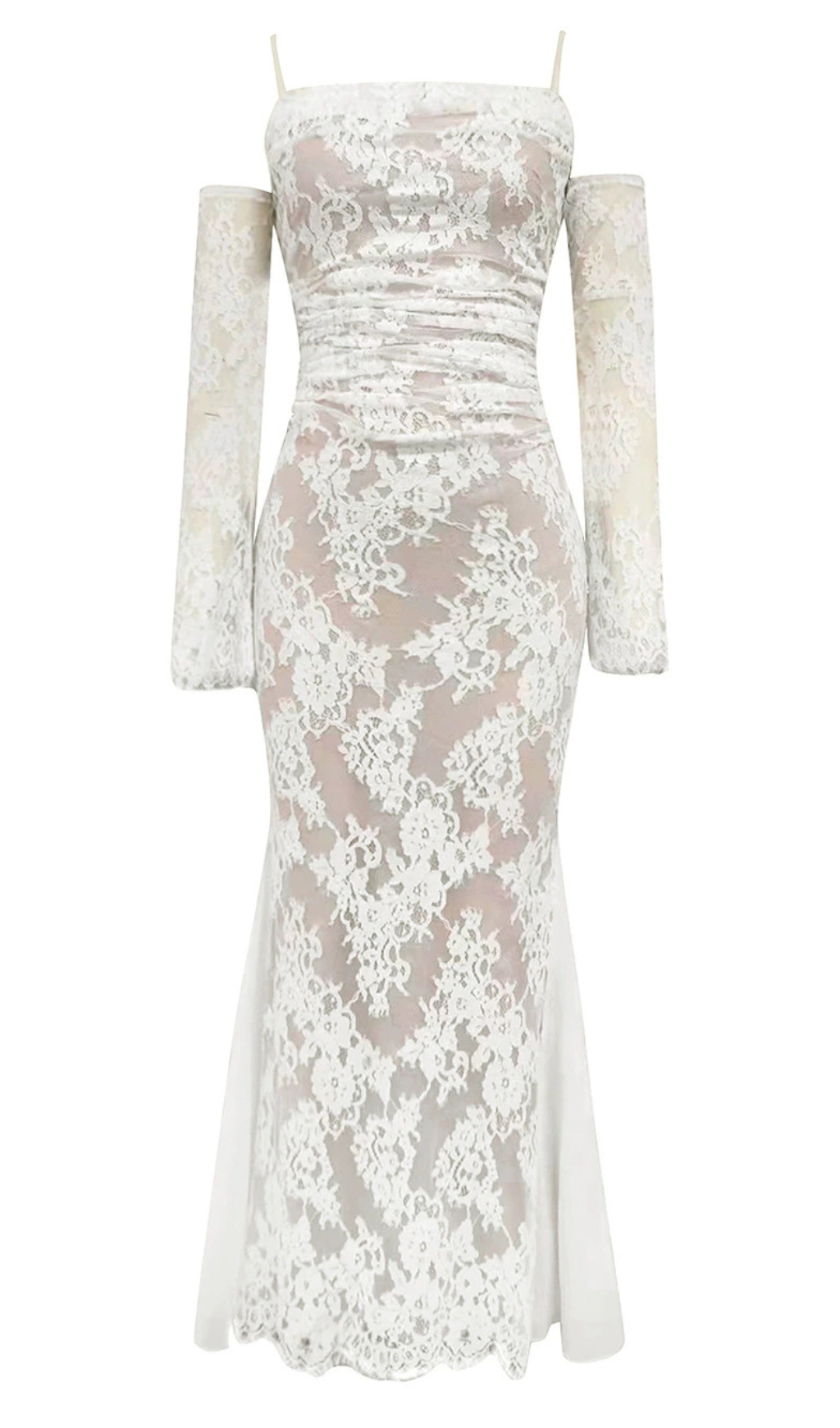 LANGÄRMELIGES DRAPIERTES MAXIKLEID AUS SPITZE IN WEISS