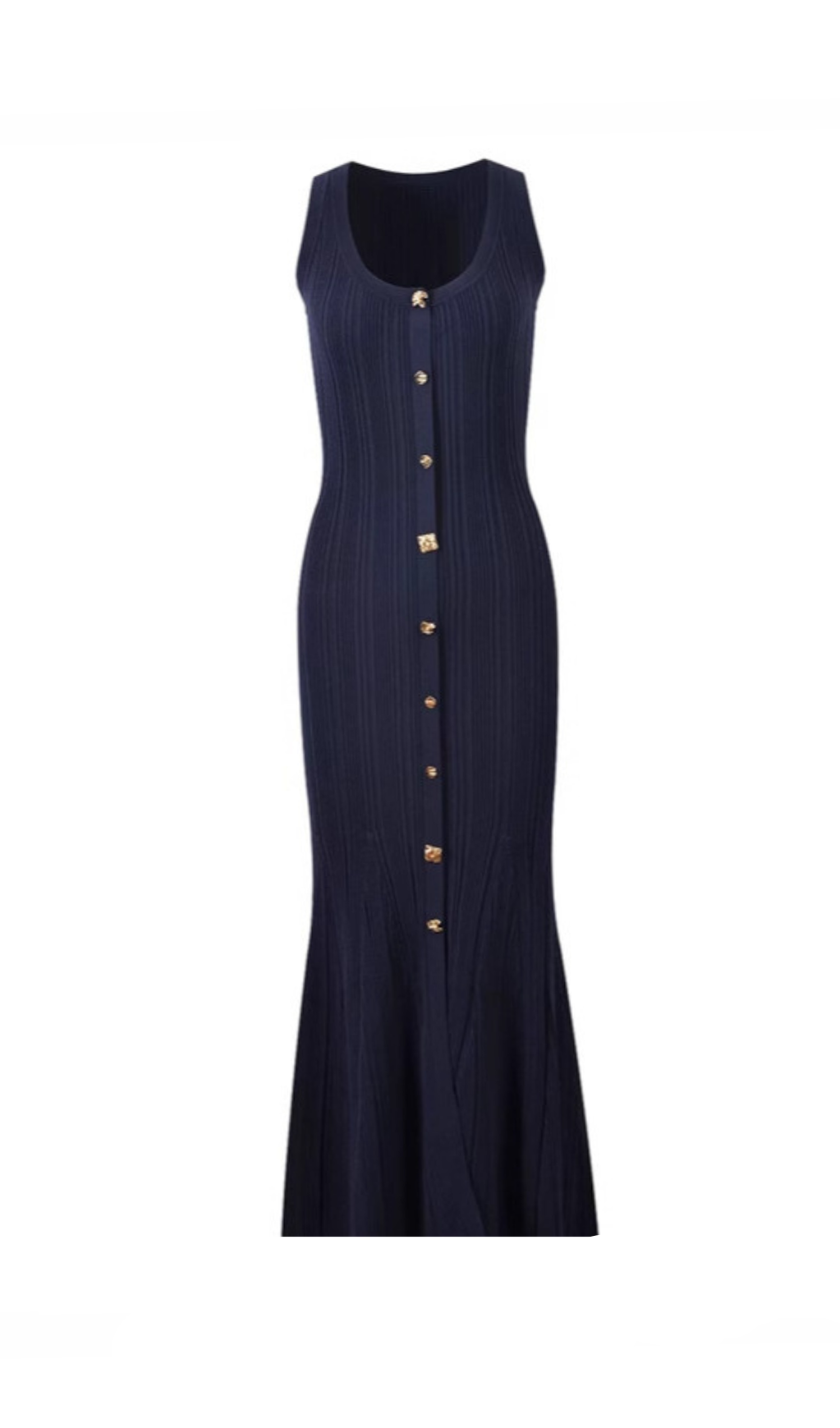 ABITO MIDI IN MAGLIA A COSTINE CON BOTTONI DECORATI IN BLU NAVY
