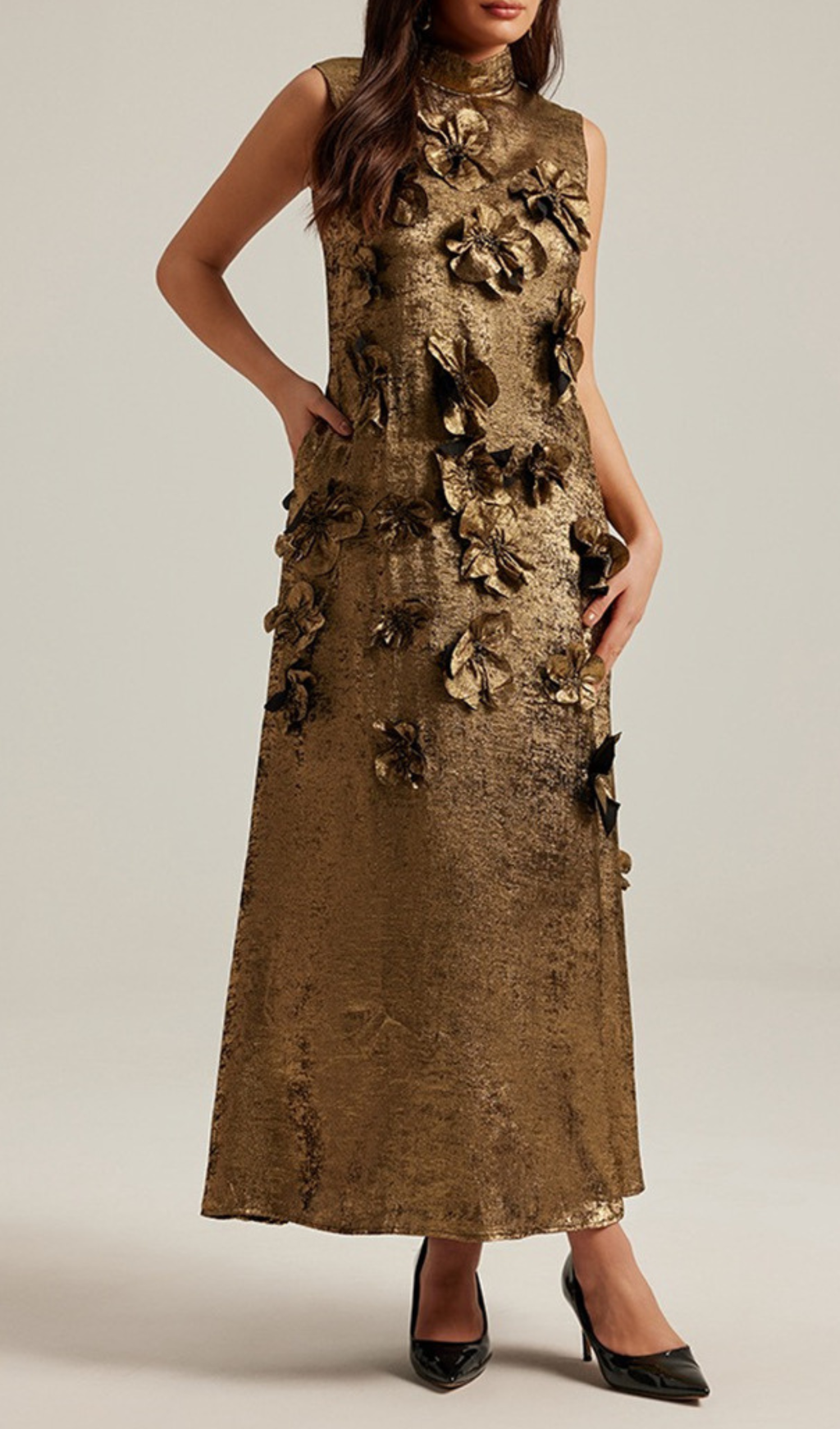 3D FLORAL EMBELLISHED MAXI DRESS IN GOLD