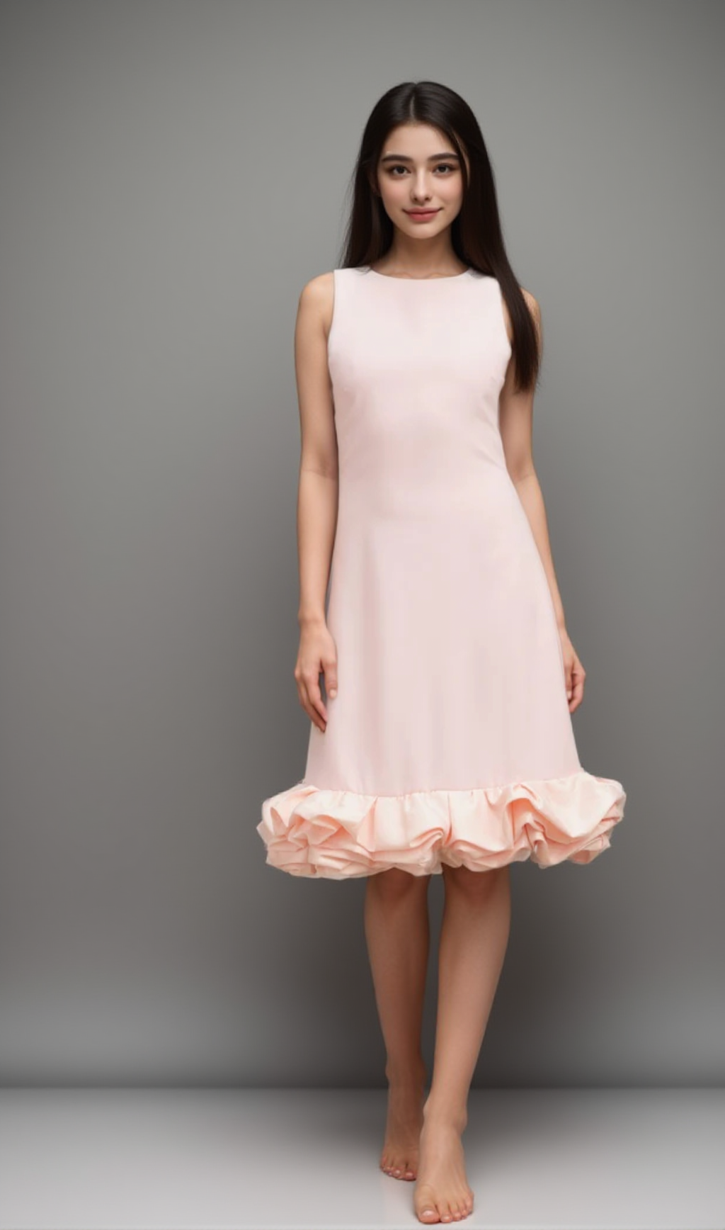 Charlène – Rosa ärmelloses Midikleid mit Rüschen