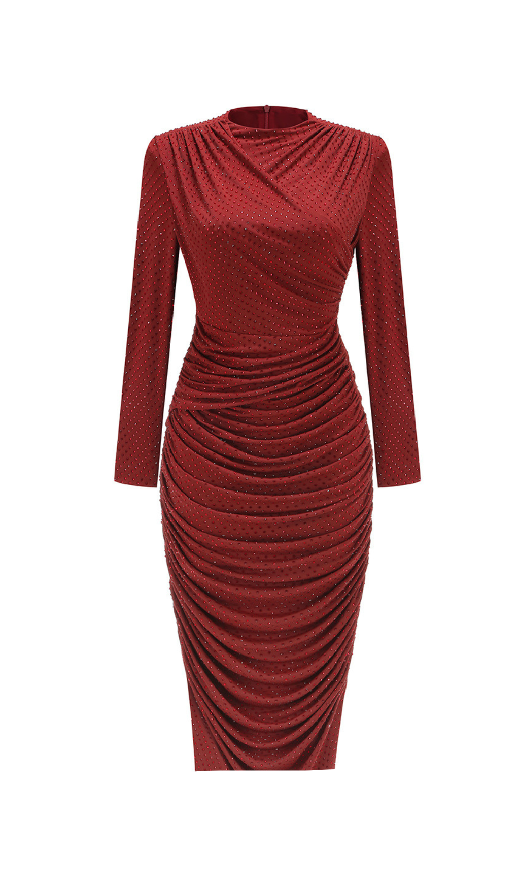 DIAMOND EMBELLISHED PLEATED MIDI DRESS IN MERLOT