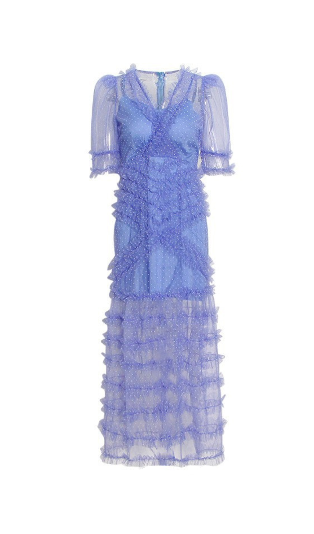 V-NECKLINE TIERED MESH GOWN IN BLUE