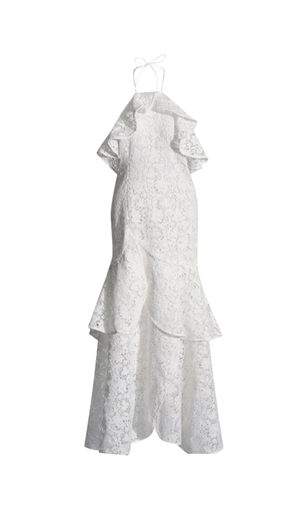 LYNN GARDENIA GUIPURE LACE RUFFLE GOWN IN WHITE