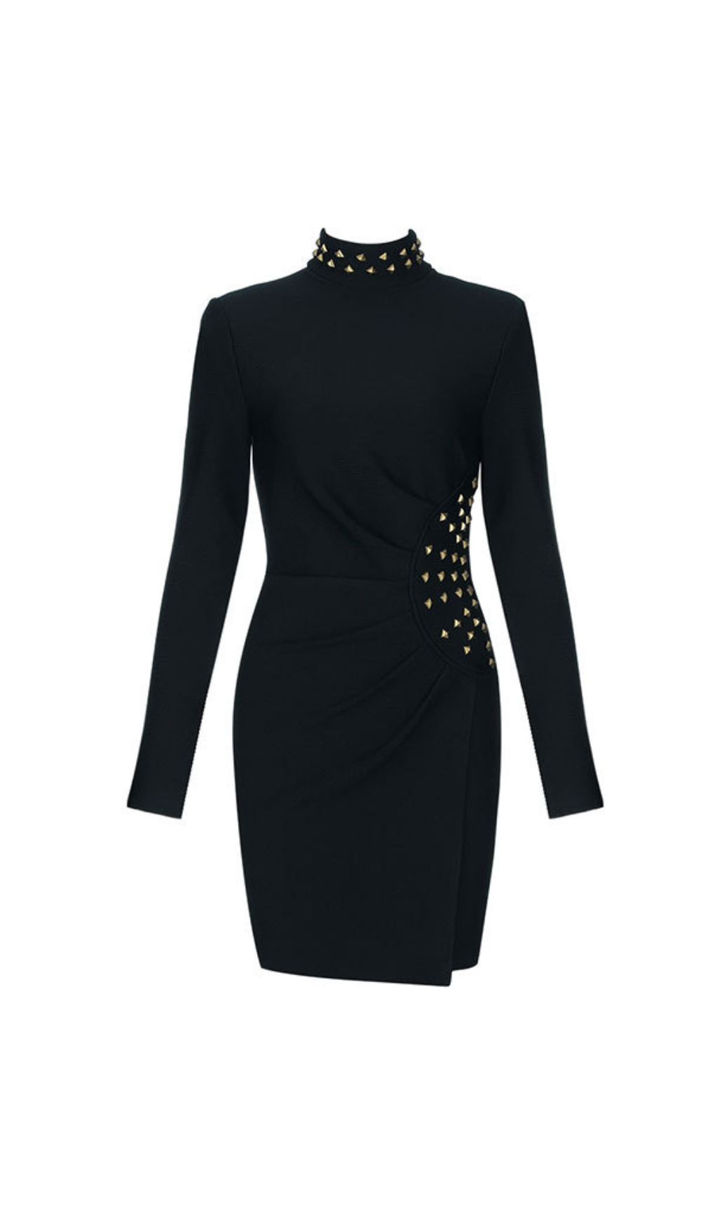 METAL EMBELLISHED PLEATED BLACK MINI DRESS