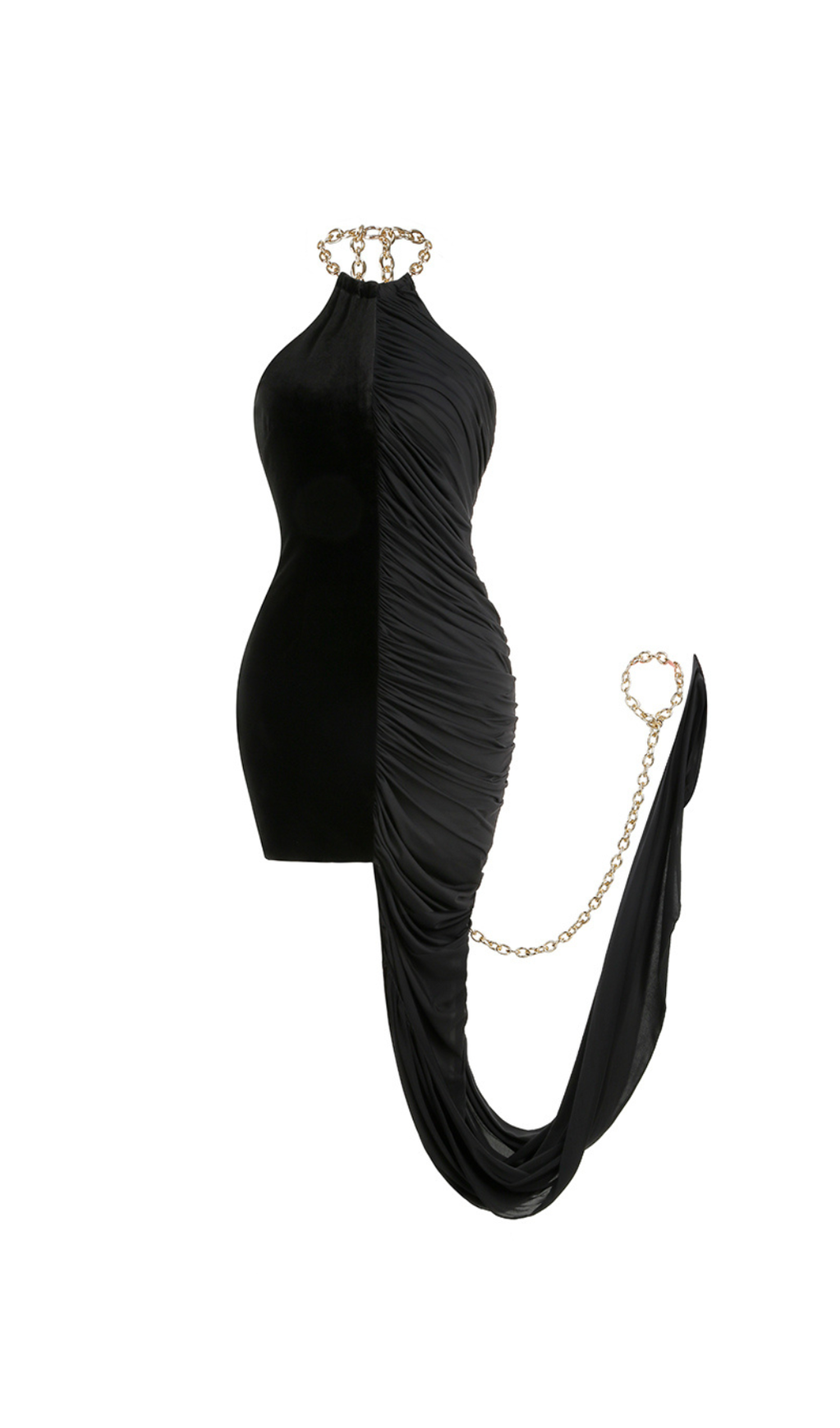 ADITI – SCHWARZES, figurbetontes Minikleid mit metallischem Neckholder und Rüschen