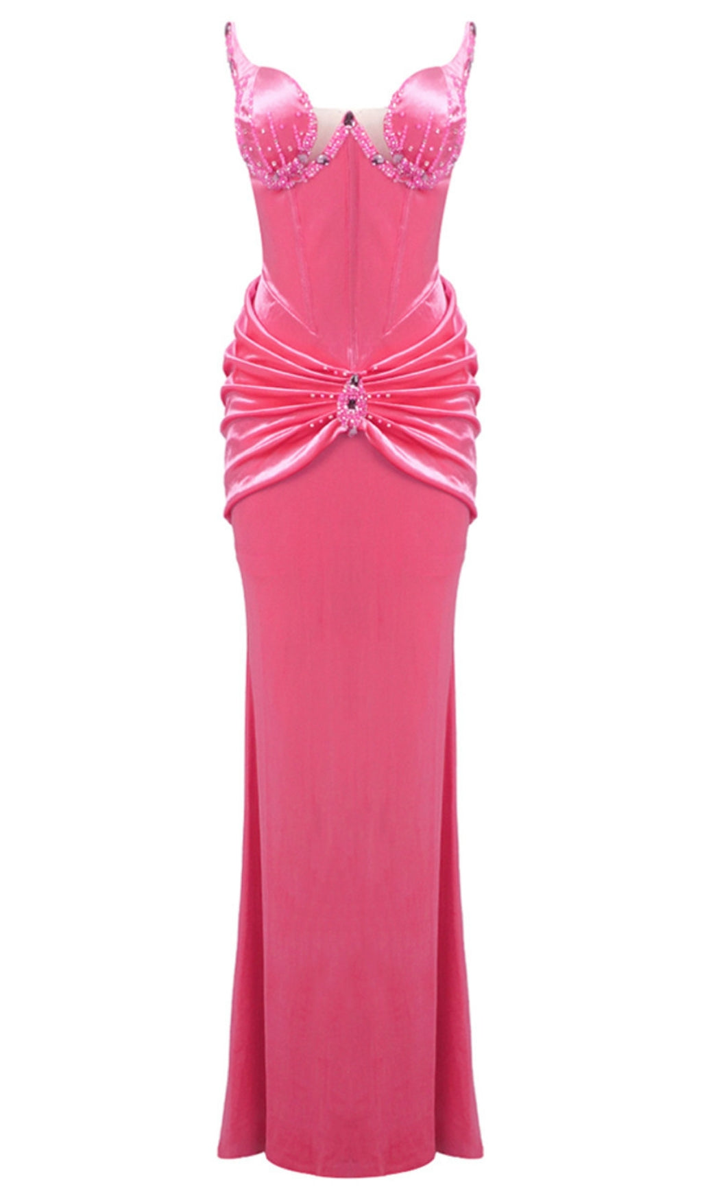 Trägerloses, drapiertes Maxikleid mit Kristall-Bustier in Rosa