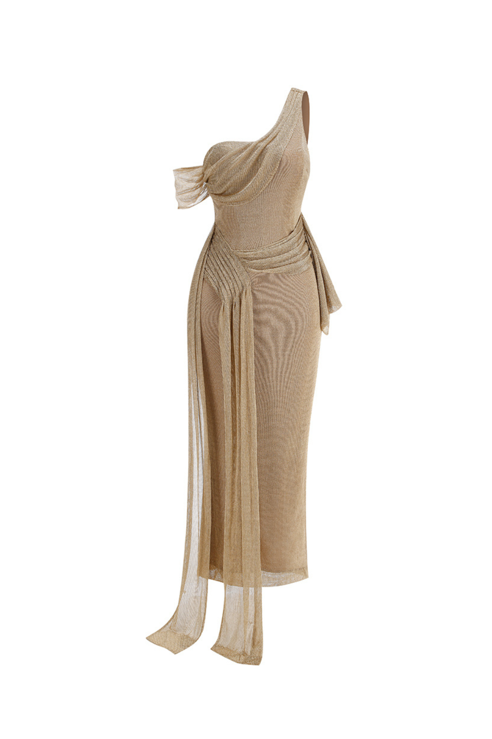 ONE-SHOULDER DRAPED BODYCON MAXI DRESS IN KHAKI