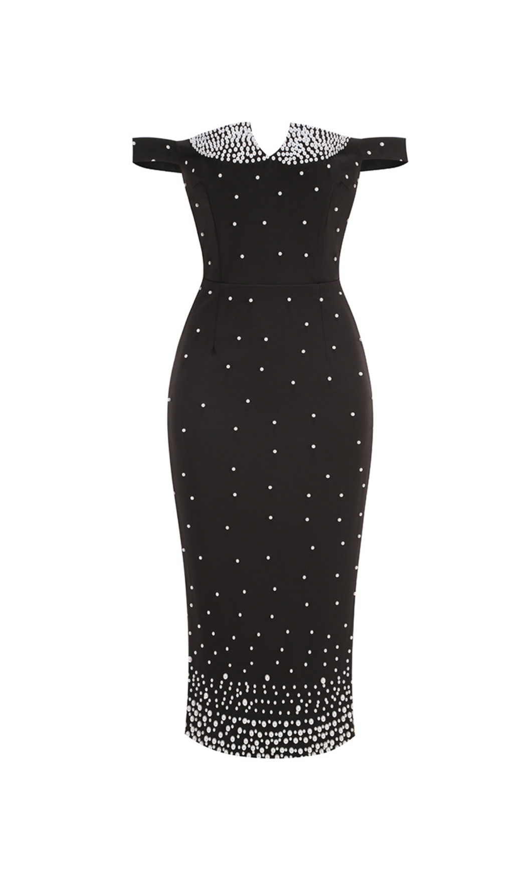 PEARL POLKA DOTS EMBELLISHED MIDI DRESS IN BLACK