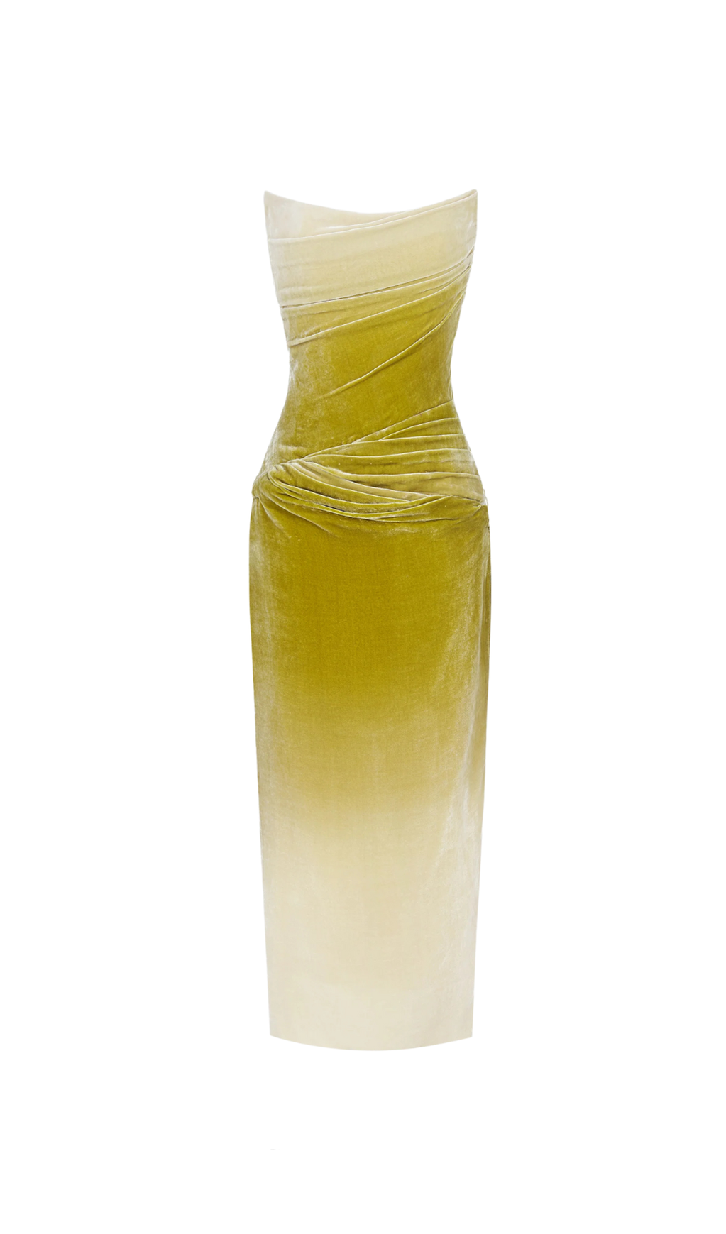 RUCHED VELVET STRAPLESS MIDI DRESS IN GREEN GRADIENT