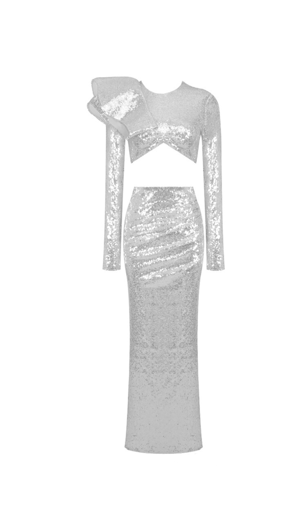 CROP TOP DRAPE SKIRT SET IN SILVER