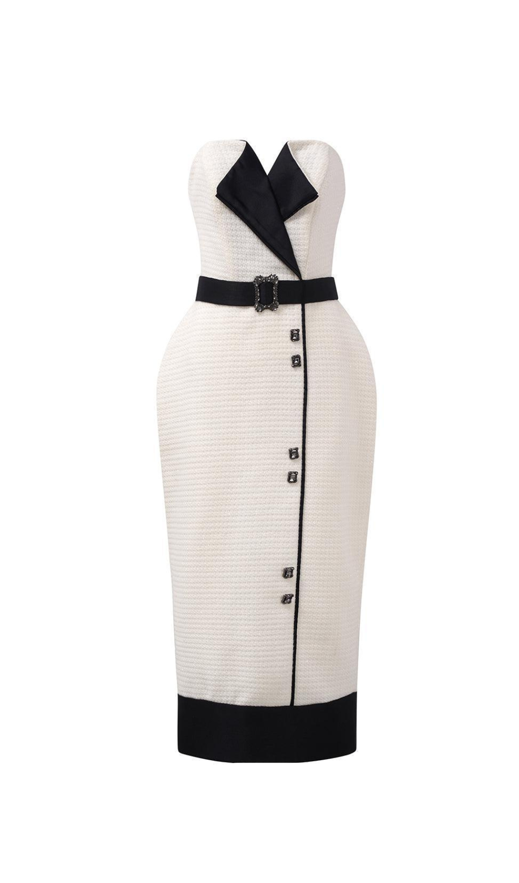 REGINA PEGGED SEMI-HEART NECK TWEED MIDI DRESS