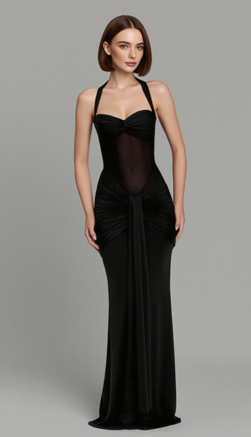 Neckholder-Maxikleid mit Twist-Ausschnitt und Rüschen in Schwarz