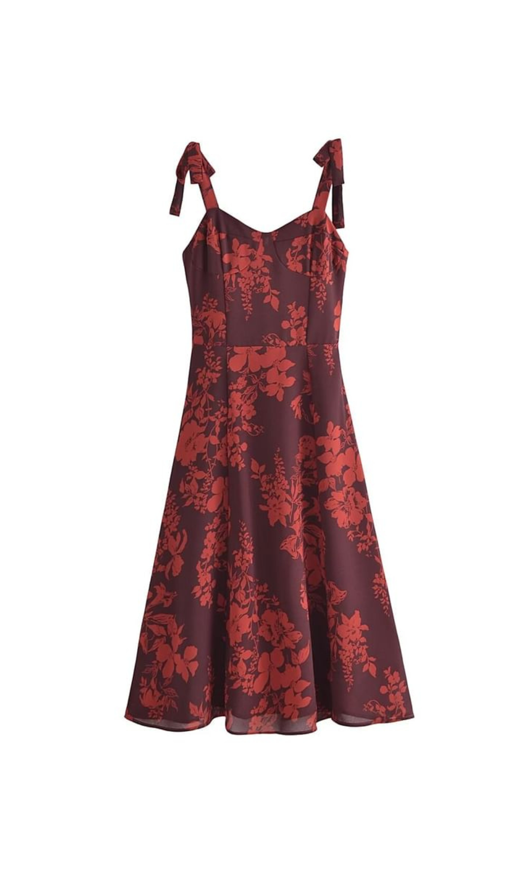 abito midi con stampa floreale e spalline a fiocco color bordeaux