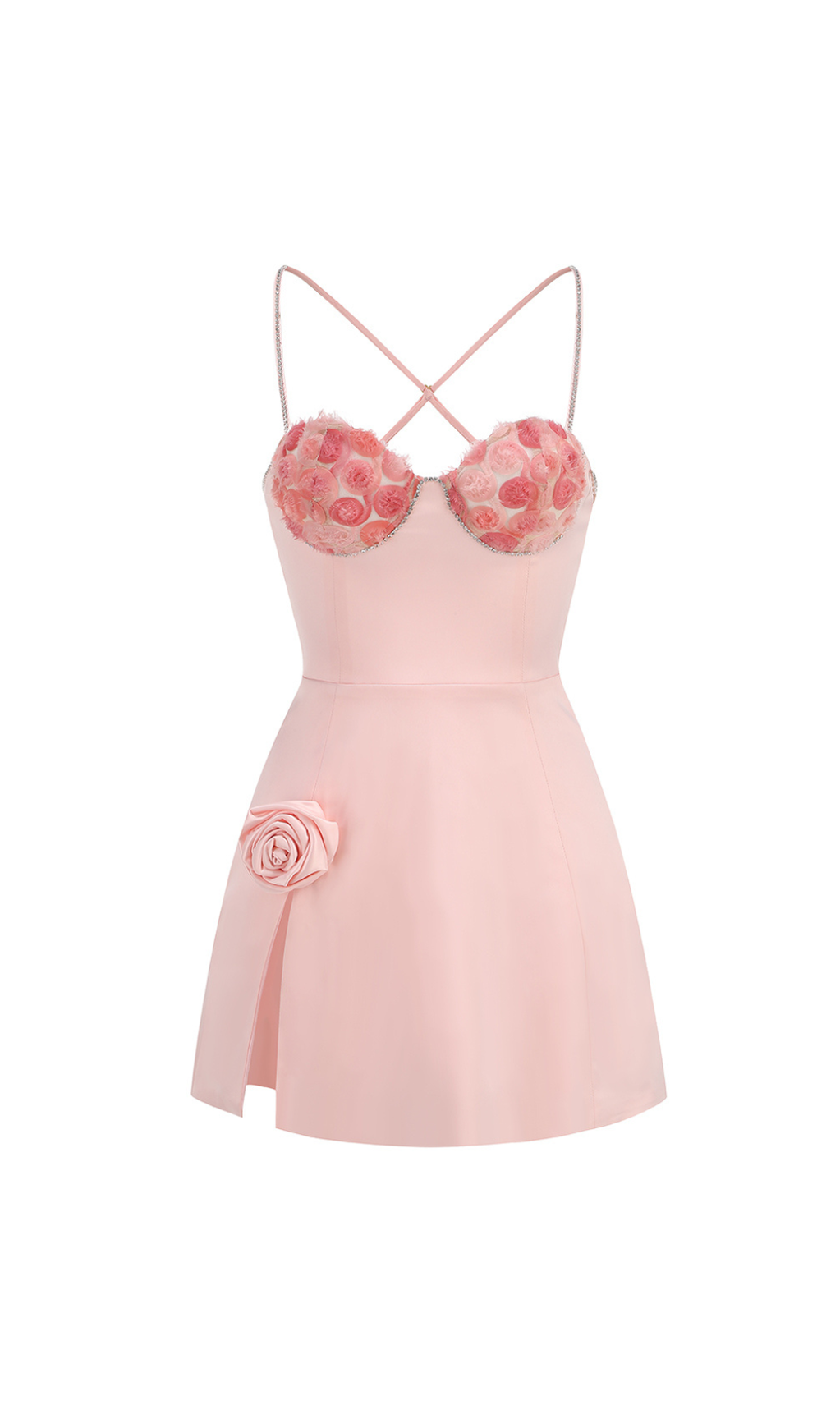 CRYSTAL EMBELLISHED TRIMS MINI DRESS IN PINK