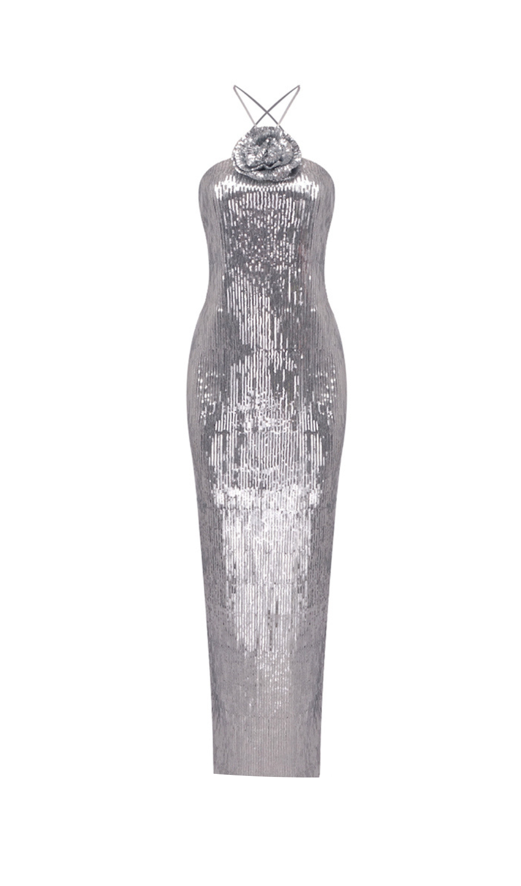 WINIFRED FLORAL-APPLIQUÉ SEQUIN MAXI DRESS SILVER