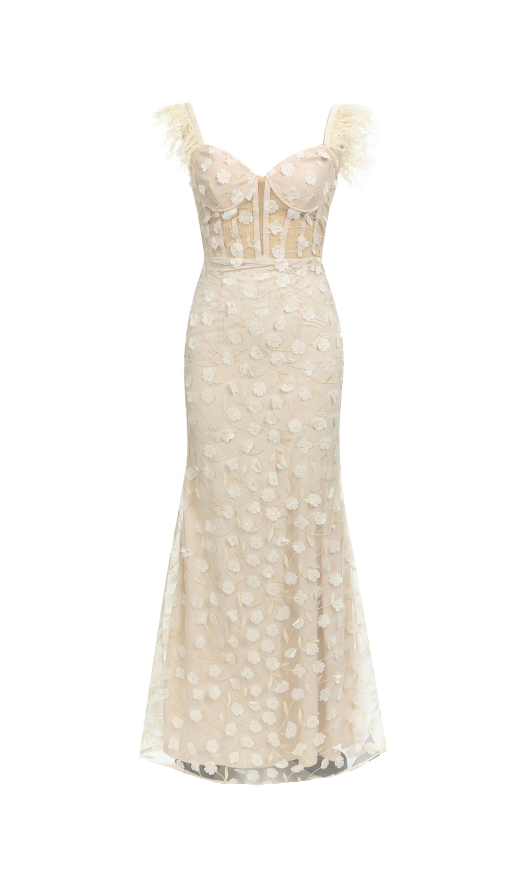 PENNY APRICOT – Figurbetontes Maxikleid mit Blumen- und Federverzierung