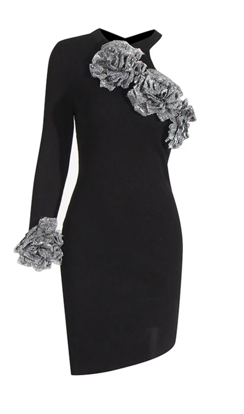 CYANNE ABITO CORTO NERO MONOSPALLA A FIORI