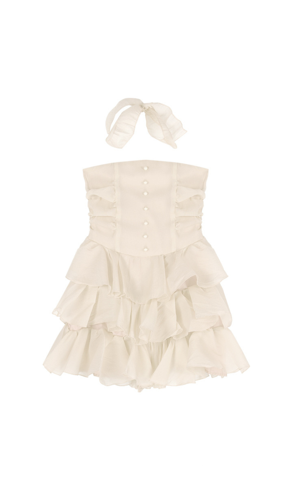 JANICE STRAPLESS RUFFLE MINI CHIFFON DRESS IN BEIGE