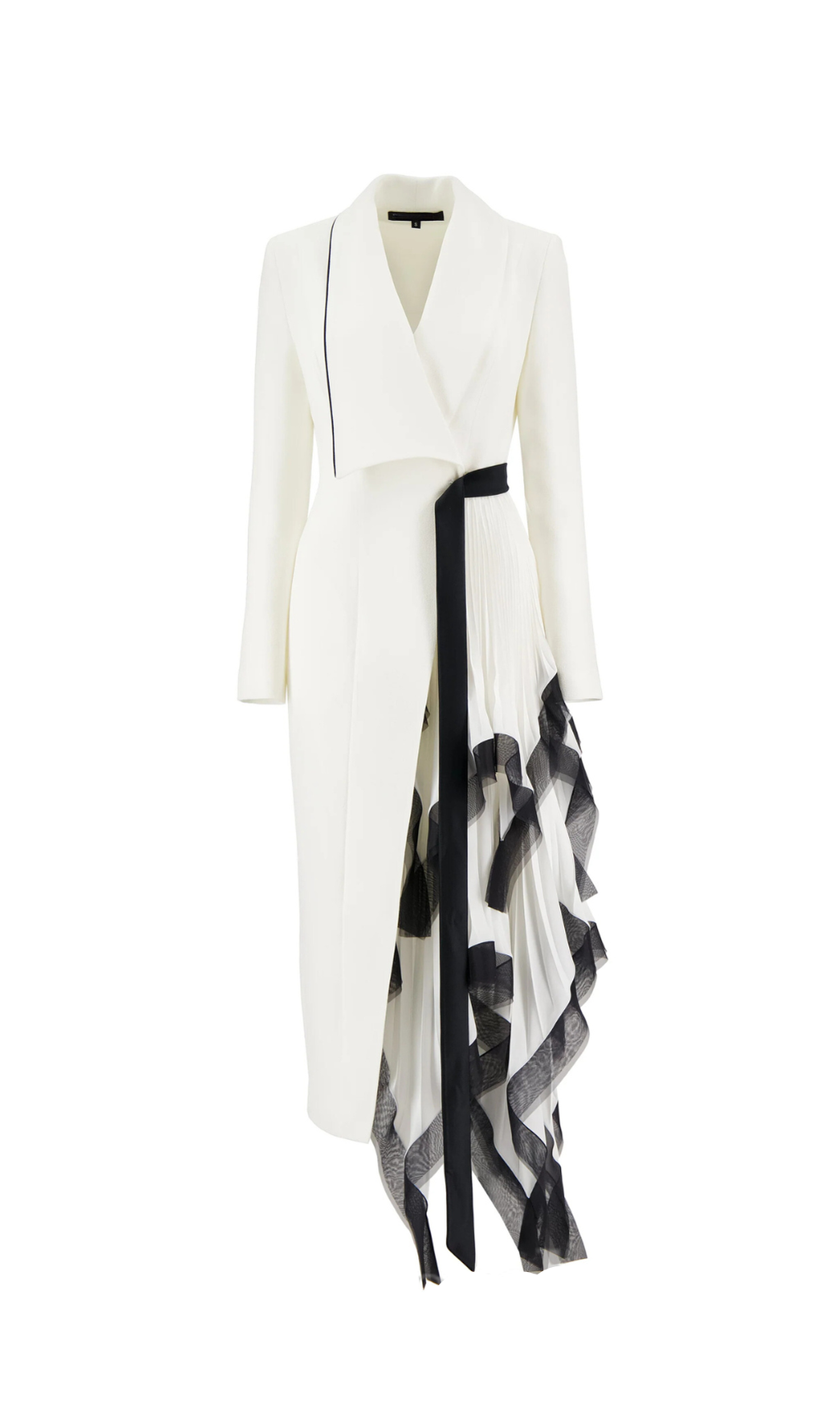 ASYMMETRIC PLEATED RUFFLE TRIM BLAZER DRESS IN WHITE