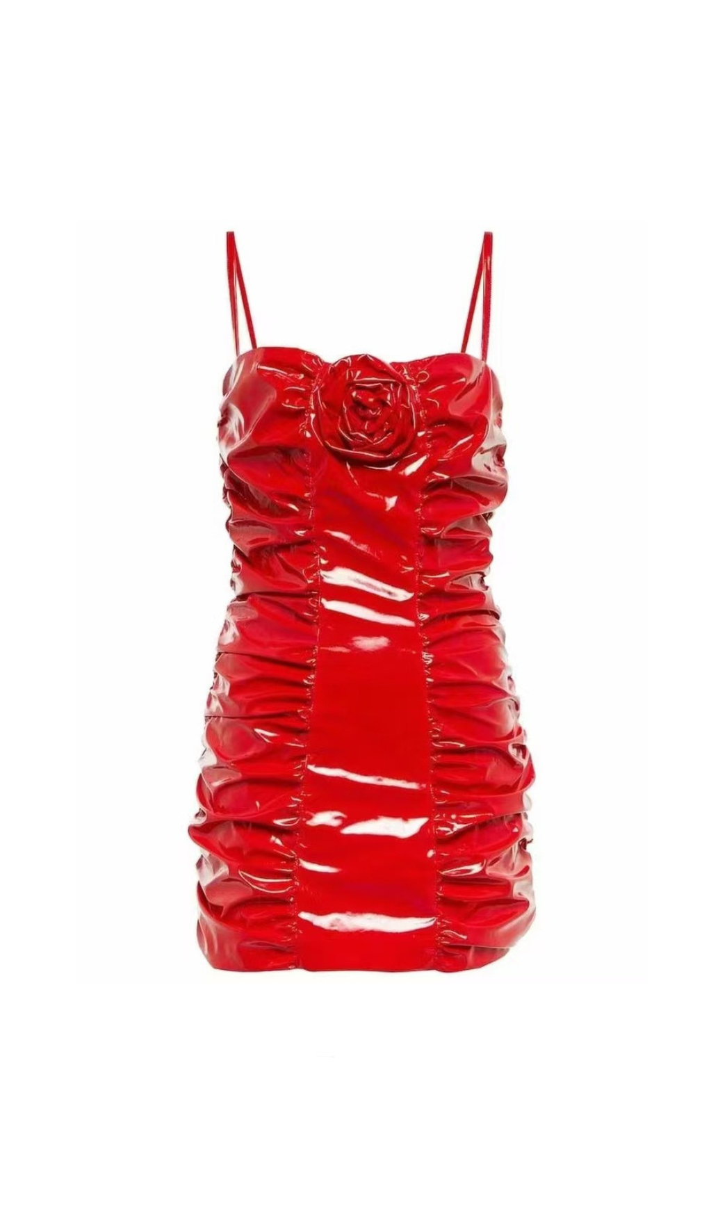 SHINY PLEATED 3D FLOWER MINI DRESS IN RED
