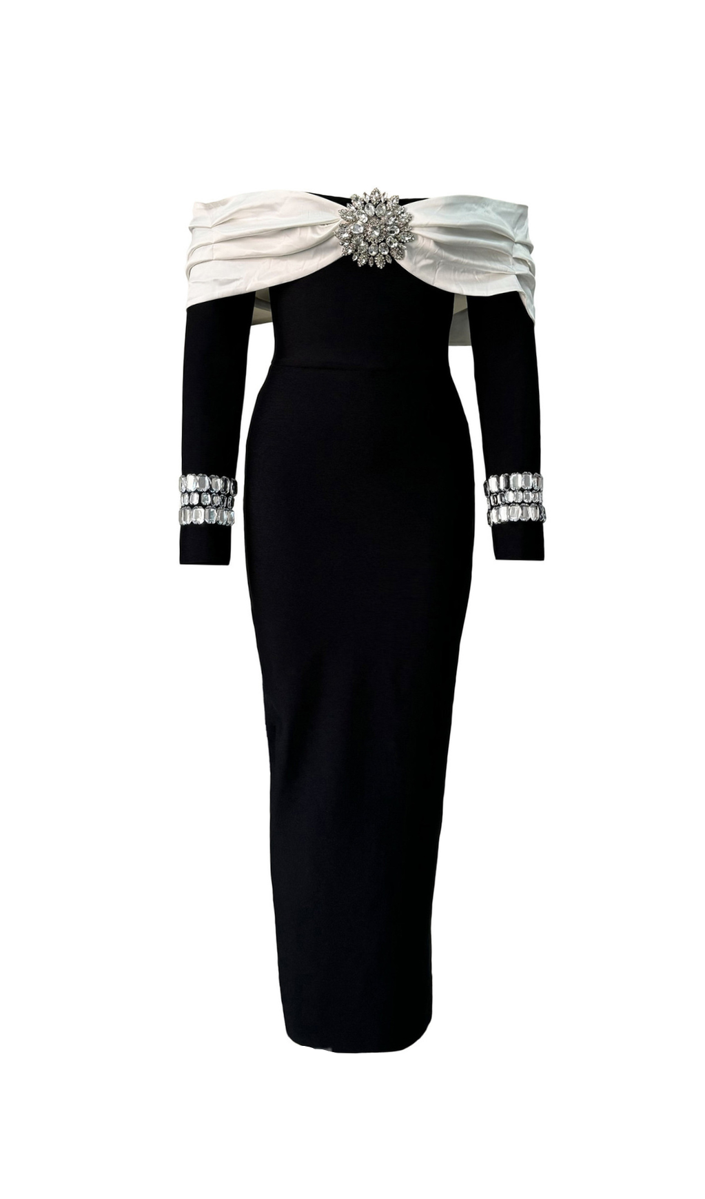 OFF NECK BACKLESS DIAMOND BANDAGE BLACK MAXI DRESS