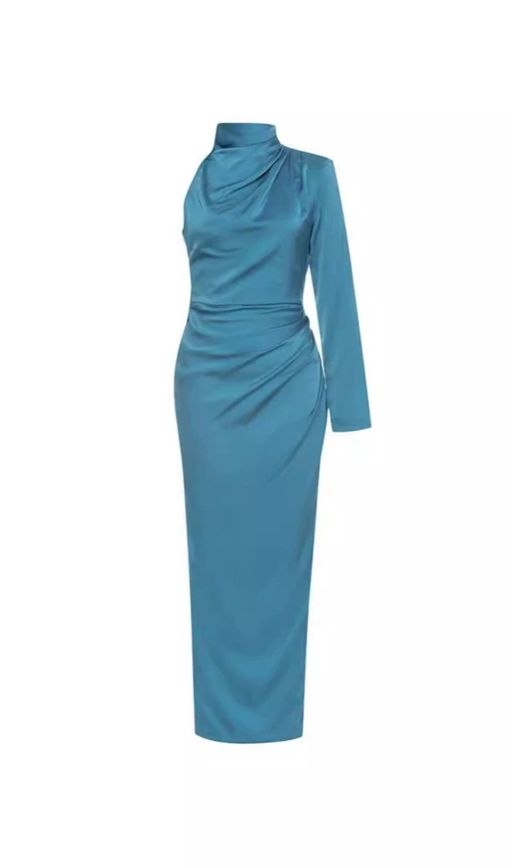 BLAUES SATINKLEID MIT EINER SCHULTER UND GESPLITTETEM OBERSCHENKEL