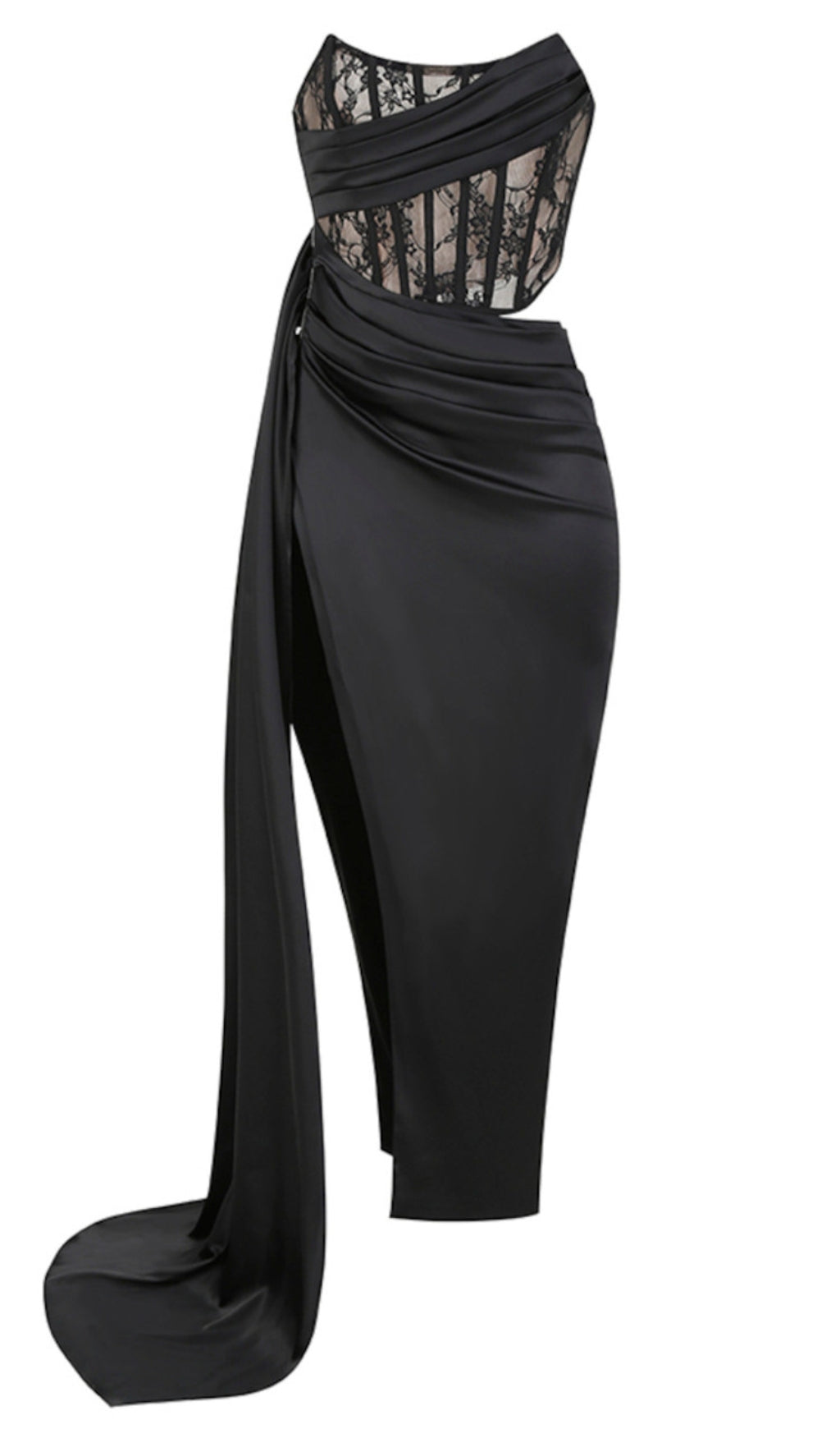 ABITO LUNGO DRAPPEGGIATO CON CORSETTO IN PIZZO SENZA SPALLINE NERO