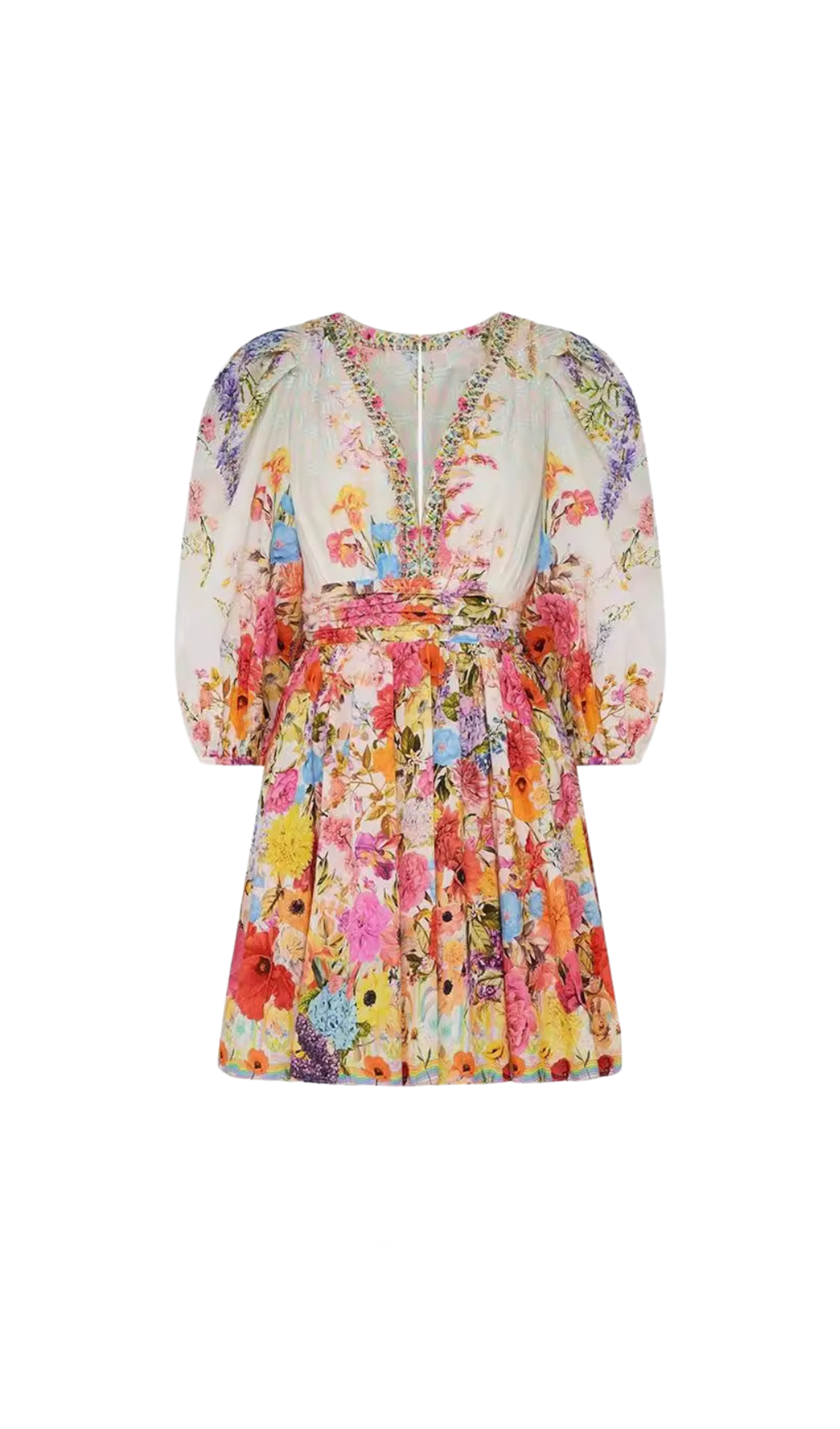 MINIKLEID AUS SEIDE MIT PUFFÄRMELN UND DRUCK