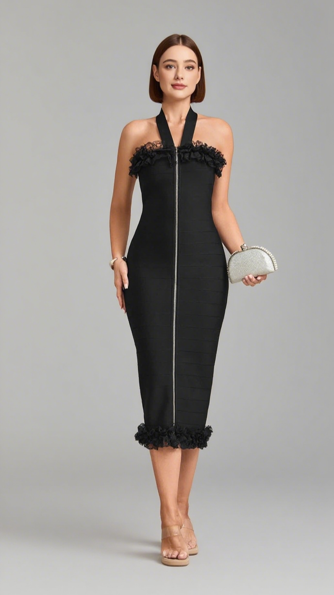 KNIT ZIP RUFFLE MIDI DRESS IN BLACK