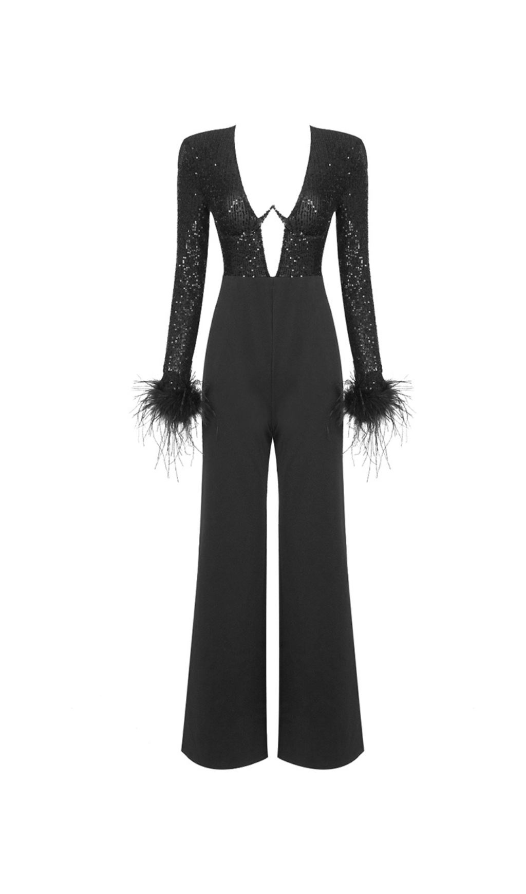 LANGÄRMELIGER JUMPSUIT MIT PAILLETTEN UND FEDERN IN SCHWARZ