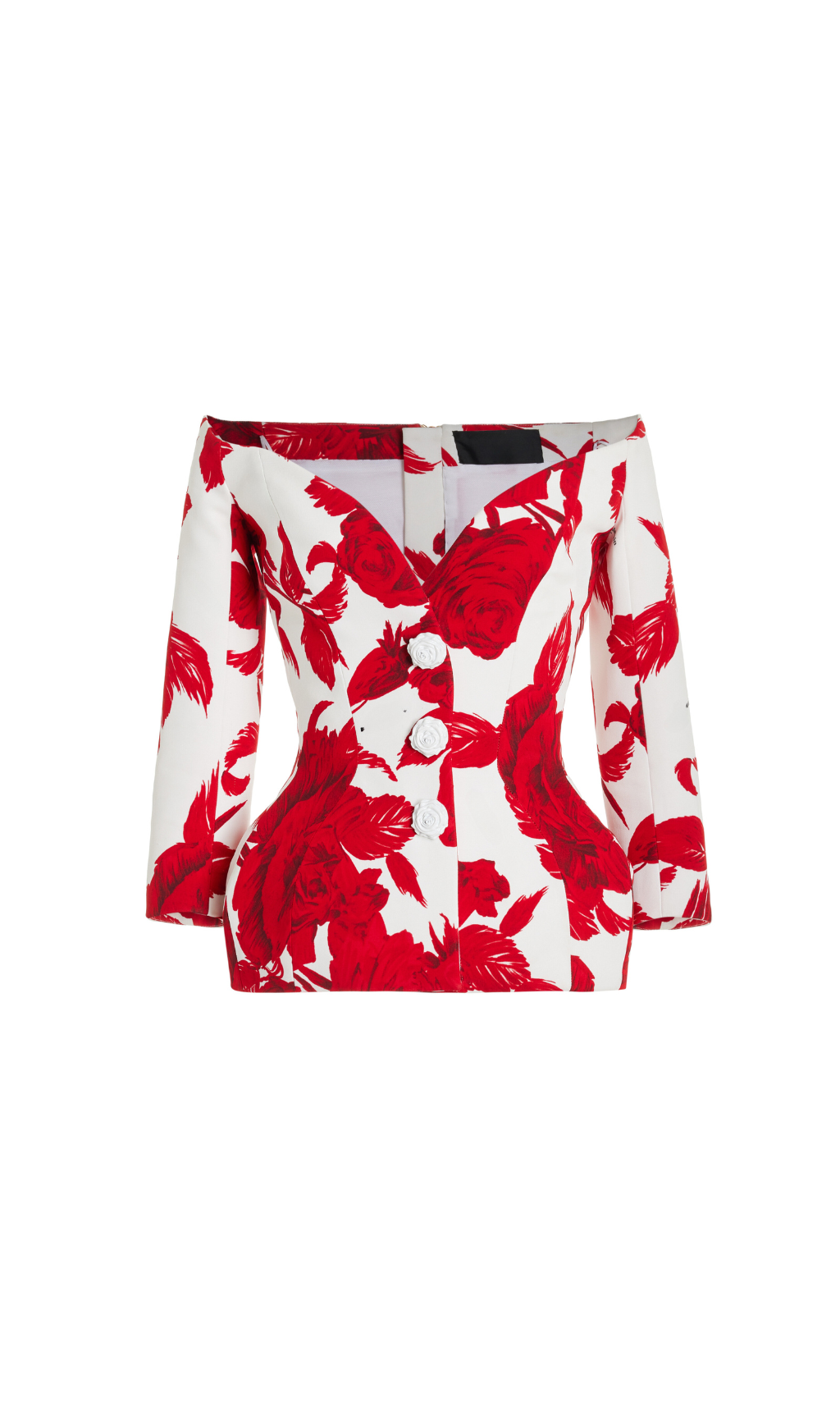 ABITO CON GIACCA A CLESSIDRA IN CREPE CON STAMPA ROSE E SPALLE SCOPERTE