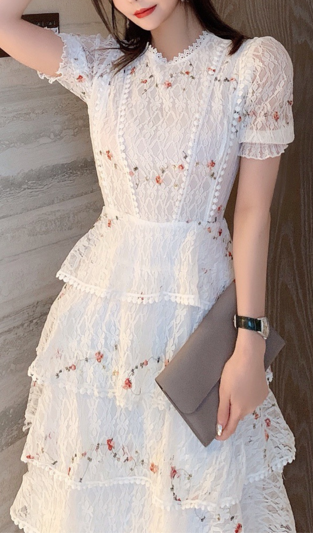ABITO MIDI IN PIZZO FLOREALE BIANCO